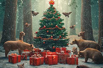 Magic of Christmas in a forest surrounded by joyful animals and gifts