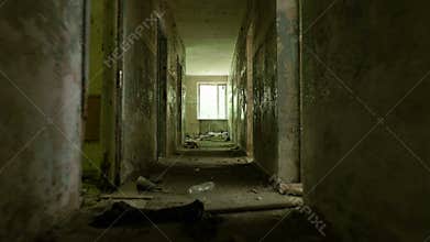 Corridor in the abandoned house. Smooth and fast steady cam shot