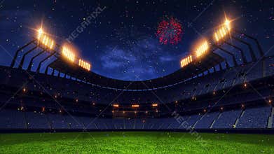 Stadium court. Sport arena. Ready to start championship. 3d render. Moving lights. and fireworks