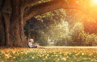 Little boy reading a book under big linden tree