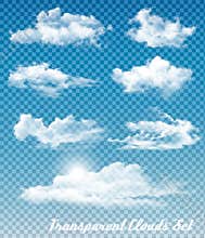 Set of white clouds on a transparent sky background.
