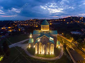 Night Aerial view of Bagrati Cathedral in Kutaisi center, Georgia