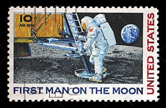Stamp printed in USA shows Astronaut Neil Armstrong on the Moon