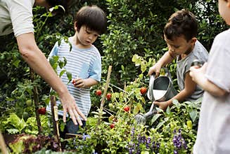 Teacher and kids school learning ecology gardening