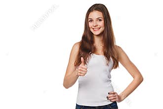 Smiling happy young woman showing thumbs up, isolated on white background