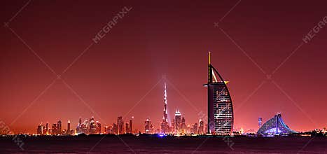 Dubai skyline reflection at night, Dubai, United Arab Emirates