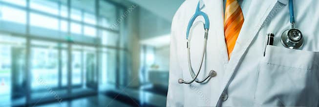 Doctor With Stethoscope In Hall Hospital. Global Healthcare Medicine Insurance Concept
