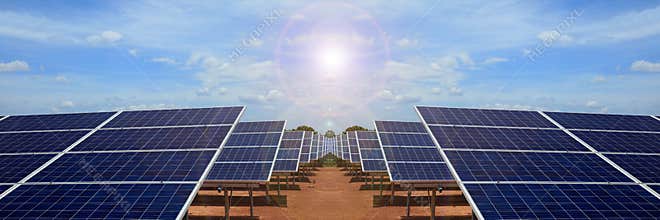 Power plant using renewable solar energy on blue sky cloud.
