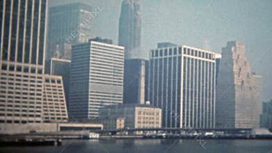 NEW YORK CITY 1975: World trade center at Battery Park low density of tall buildings.