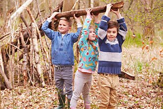 Children Building Camp In Forest Together