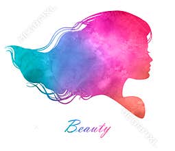 Silhouette head with watercolor hair.Vector illustration of woman beauty salon