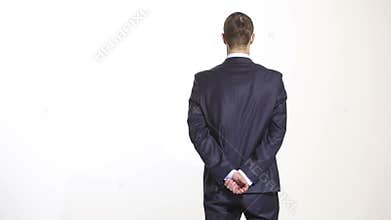 Body language. man in business suit isolated white background. Training managers. sales agents. gesture of confidence