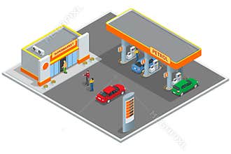 Gas station, petrol station. Refilling, shopping service. Refill station cars and customers. Business icon, Infographics
