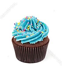 Chocolate cupcake with blue buttercream isolated on white