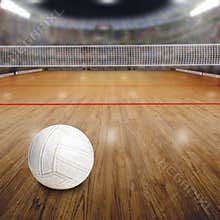Volleyball Court With Ball on Wood Floor and Copy Space