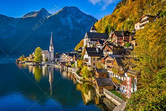 Hallstatt mountain village in fall, Salzkammergut, Austria