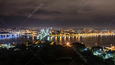 The Hercilio Luz Bridge at night, Florianopolis, Brazil.