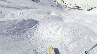 Slow motion first person view of skiing a mogul field