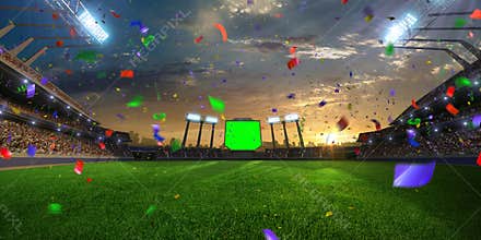 Stadium sunset Confetti and tinsel with people fans. 3d render illustration cloudy