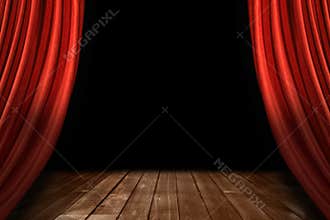 Red Theater Stage Drapes With Wooden Floor