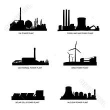 Power plants by fuel vector silhouette