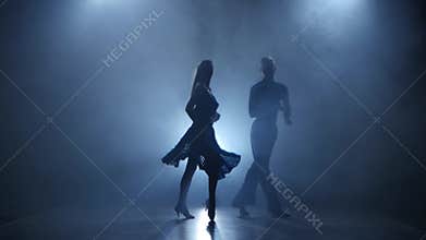 Dance cha-cha-cha performed by professional couple in smoky studio, silhouette