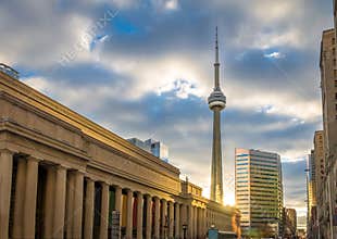 Golden sunset over Union Station and CN Tower - Toronto, Ontario