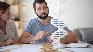 Cheerful guy helping his female groupmate with genetics study