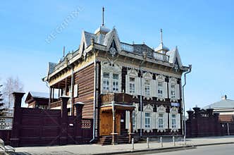 Irkutsk, Russia, March, 16, 2017. `Lacy` wooden house of the merchant Shastin in Irkutsk. Street of Friedrich Engels, house, 21