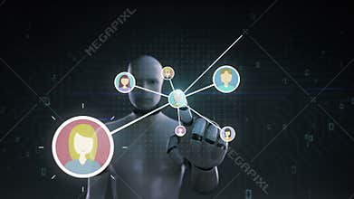 Robot, cyborg touching human icon, Connecting people, business network. social media service icon.1.
