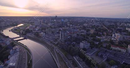 Vilnius Old Town Cathedral Square and Hill of Three Crosses in Background. Lithuania. Sunset Time Light