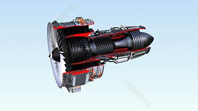 Cross section of turbofan jet engine with alpha channel