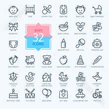 Outline icon set - Baby toys, feeding and care
