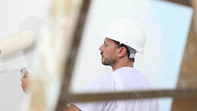 Painter man at work, with roller painting wall, and wooden ladder