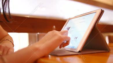 Woman in the cafe read news Stock Exchange