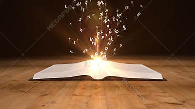 Book opening to flying golden letters