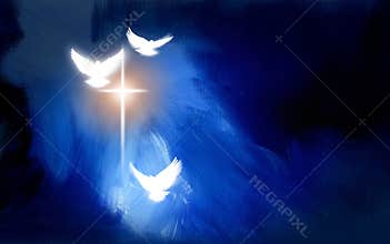 Christian glowing cross with doves