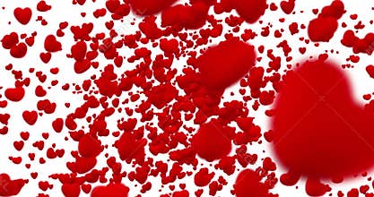 Digital red hearts flying in vortex on white background with fade out, loop seamless. 4K and 1080 resolution