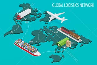 Global logistics network Flat 3d isometric vector illustration Set of air cargo trucking rail transportation maritime