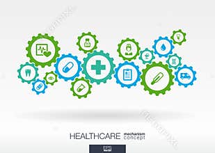 Healthcare mechanism concept. Abstract background with connected gears and icons for medical, health, care, medicine