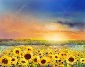 Oil painting of a rural sunset landscape with a golden sunflower