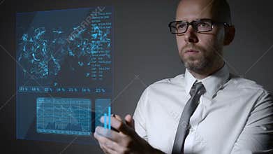 Future work with finance and macro economy. Businessman working with an interactive holographic screen. smartphone