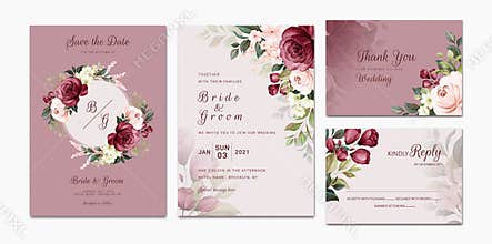 Elegant wedding invitation template set with burgundy and peach watercolor floral frame and border decoration. Botanic