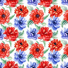 Summer seamless patterns. Red Poppies, blue anemones, watercolor hand drawing, colorful flowers