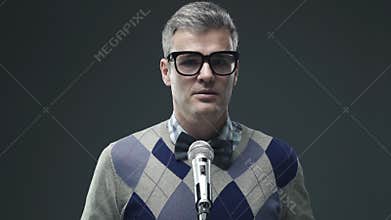 Nervous nerd man having performance anxiety