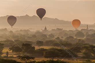 Balloons over Bagan and the skyline of its temples, Myanm