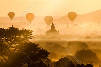 Balloons over Bagan and the skyline of its temples, Myanm