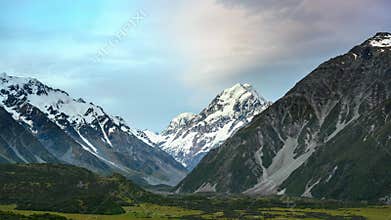 Mount Cook in the evening, fast-moving clouds and vanilla skies in time-lapse photography at Mount Cook National Park