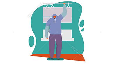 Man in train video in cartoon flat modern style