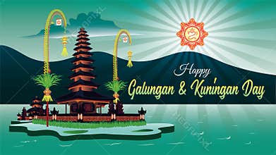 Green Color Ulun Danu Temple Scenery Of Balinese Hindu, Holiday Greeting Happy Galungan And Kuningan